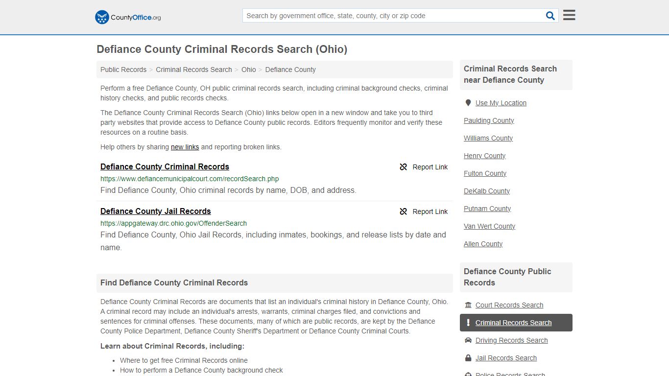 Defiance County Criminal Records Search (Ohio) - County Office